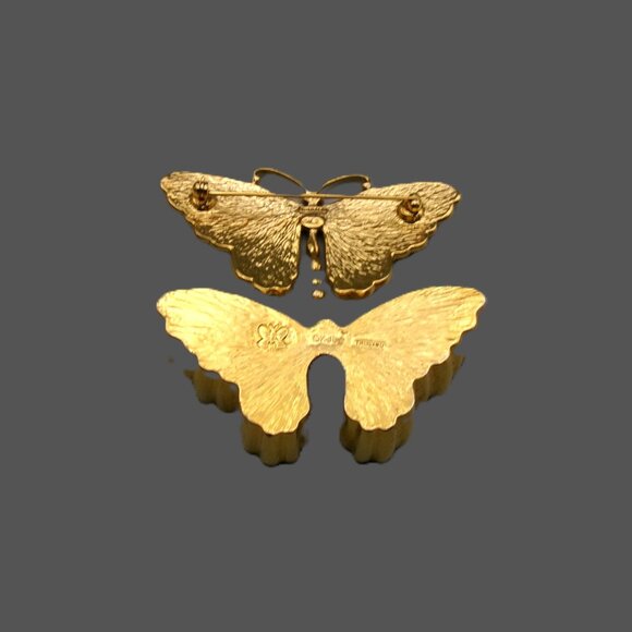 KJL Butterfly Brooch and Trinket Box, Golden Tan Black Enamel & Crystals, Vtg - Picture 4 of 8